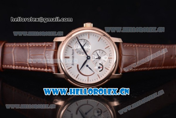 Audemars Piguet Jules Audemars Dual Time Asia ST25 Automatic Rose Gold Case Silver Dial Stick Markers and Brown Leather Strap - Click Image to Close